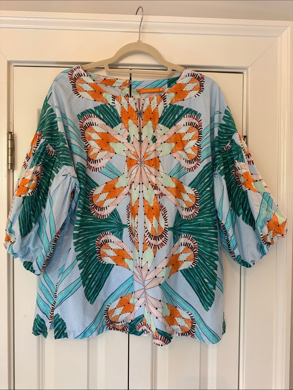 Oliphant Light Blue Floral-Pattern Puff-Sleeve Tunic
